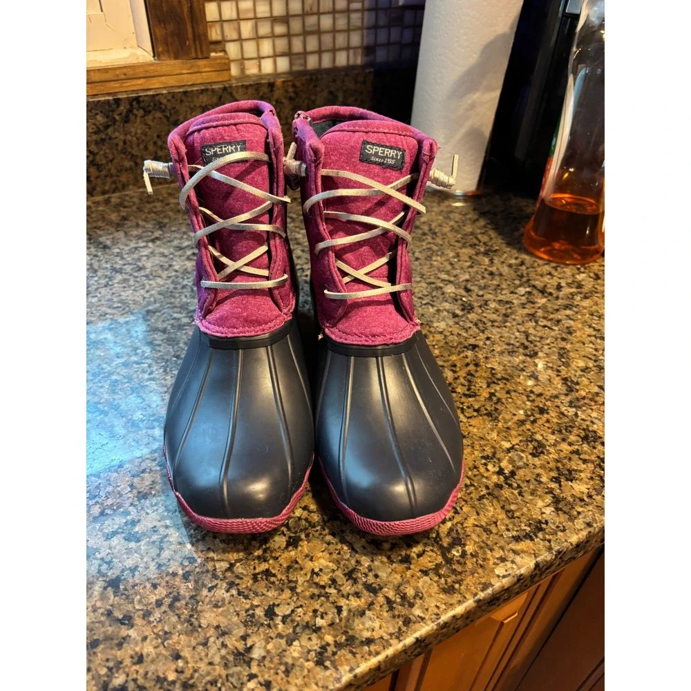 Sperry Saltwater Kids Duck Boots Purple Navy Blue Waterproof Rain Boots Size 6